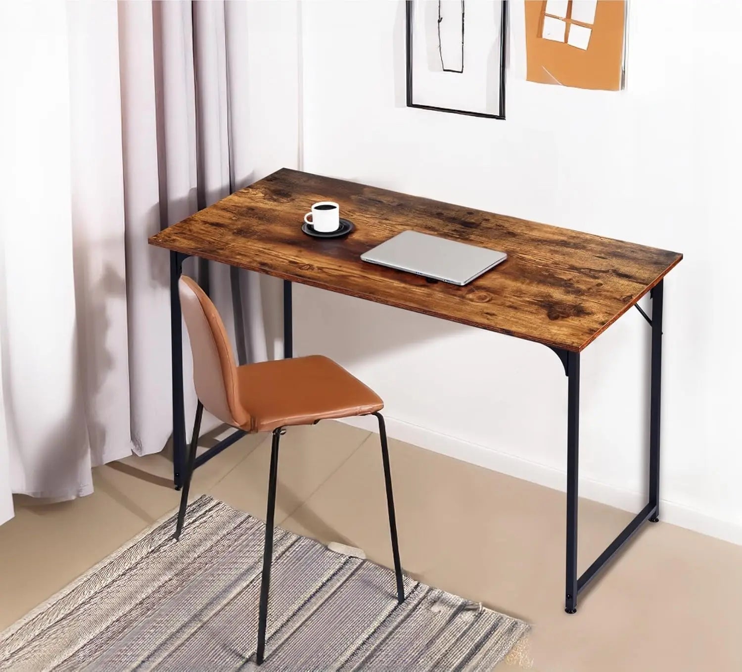 T-LoVendo Narrow Computer Desk, Industrial Design 120 x 60 cm, sturdy wood and metal construction, perfect for home office or study, with adjustable feet for stability on uneven floors. Ideal spacious desktop for productivity