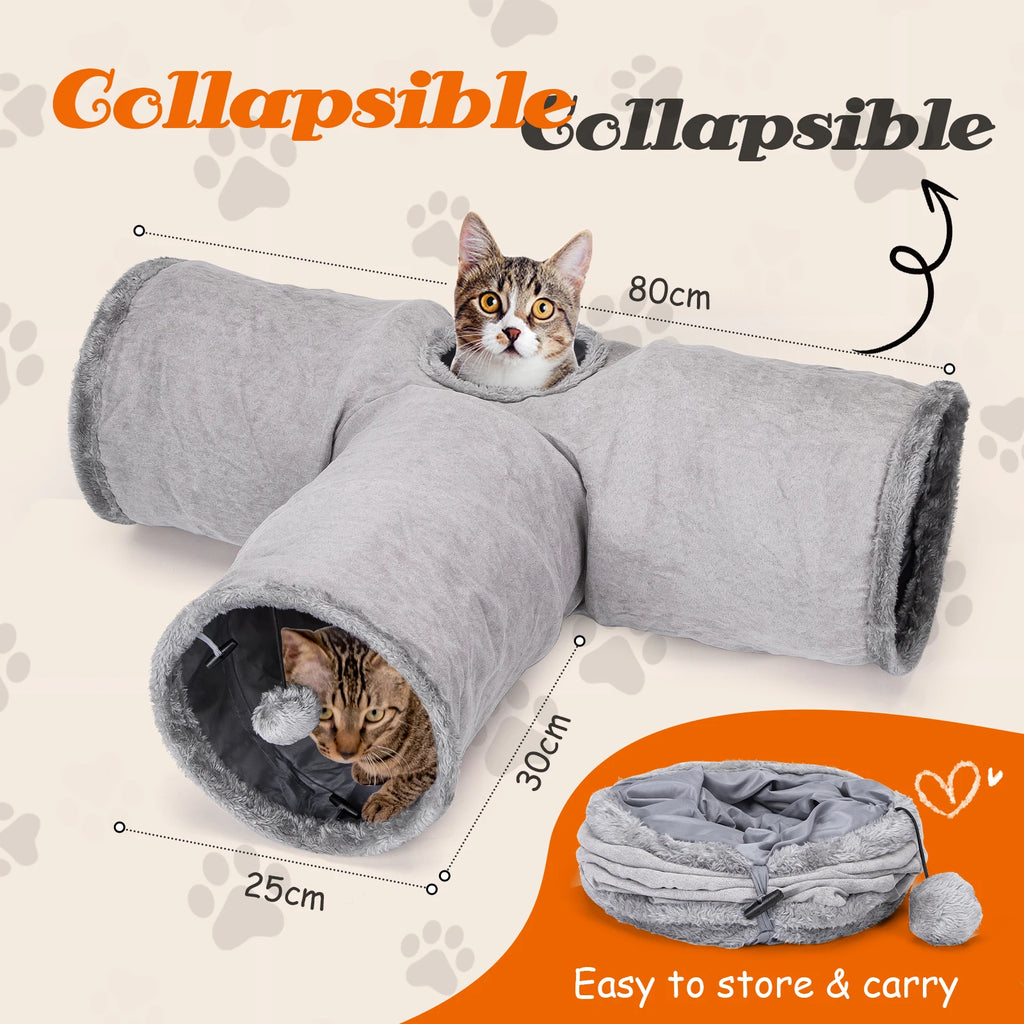Nobleza - túnel para gatos de gamuza, túnel interior de 3 vías con 1 orificio y juguetes colgantes para gatos con forma de bola, color gris.