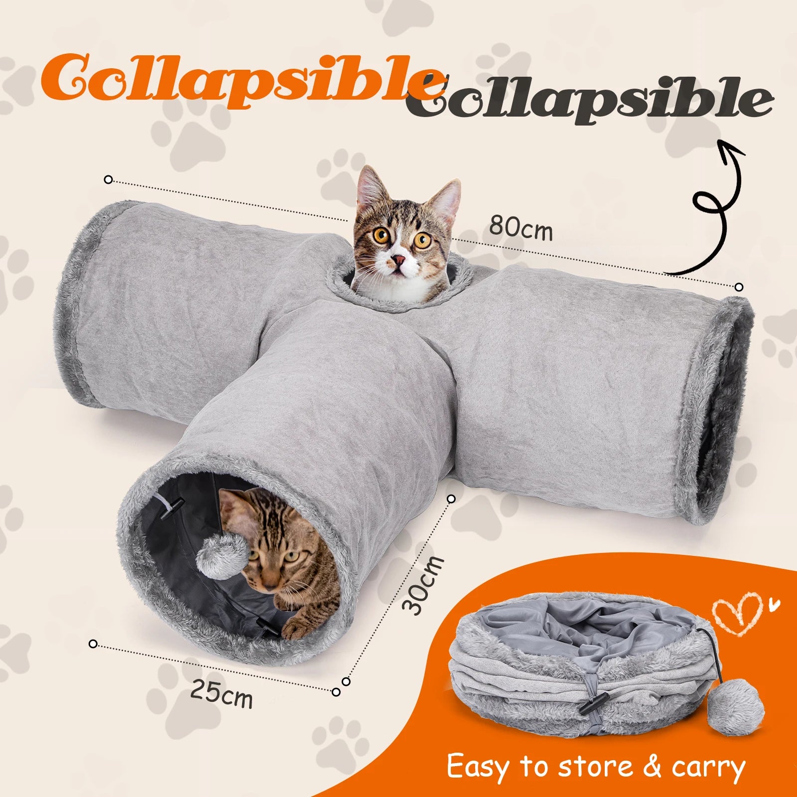 Nobleza - túnel para gatos de gamuza, túnel interior de 3 vías con 1 orificio y juguetes colgantes para gatos con forma de bola, color gris.
