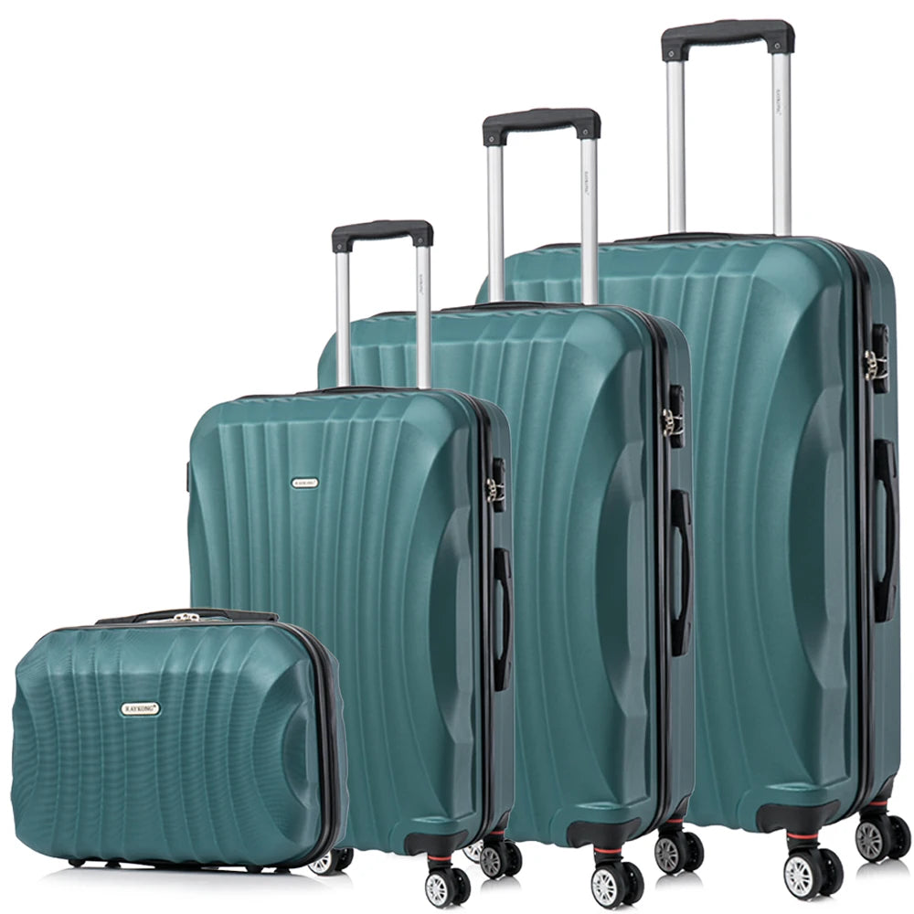 Juego de maletas rígidas de ABS de 4 piezas que incluye una maleta de cabina de 55 cm, una maleta mediana de 68 cm, una maleta grande de 78 cm y un neceser de 29 cm en varios colores, con ruedas giratorias de 360° para facilitar el transporte.