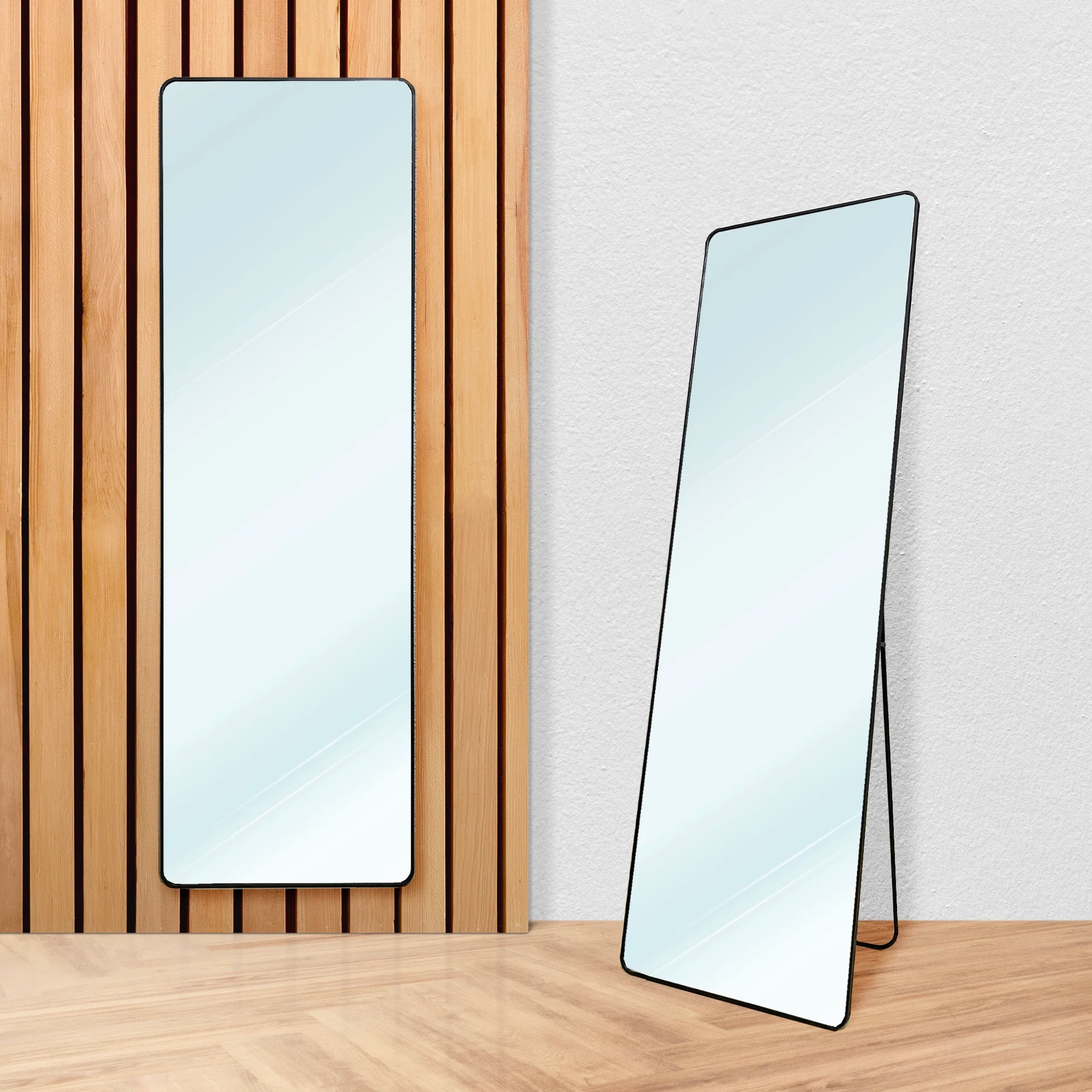 Espejo de pie de metal con borde cuadrado, tamaño máximo 160x50/170x65 cm, con marco de metal negro, cristal HD y doble opción de instalación (de pie o en la pared). Perfecto para la decoración moderna de dormitorios, salas de estar y vestidores.
