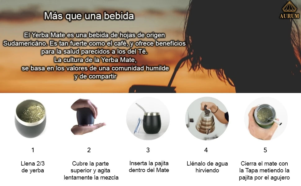 Aurum® Mate Argentino, set moderno completo con yerba mate, bombilla y calabaza, con termo de acero inoxidable para agua caliente. Ideal para disfrutar del mate tradicional en cualquier lugar, perfecto para compartir.