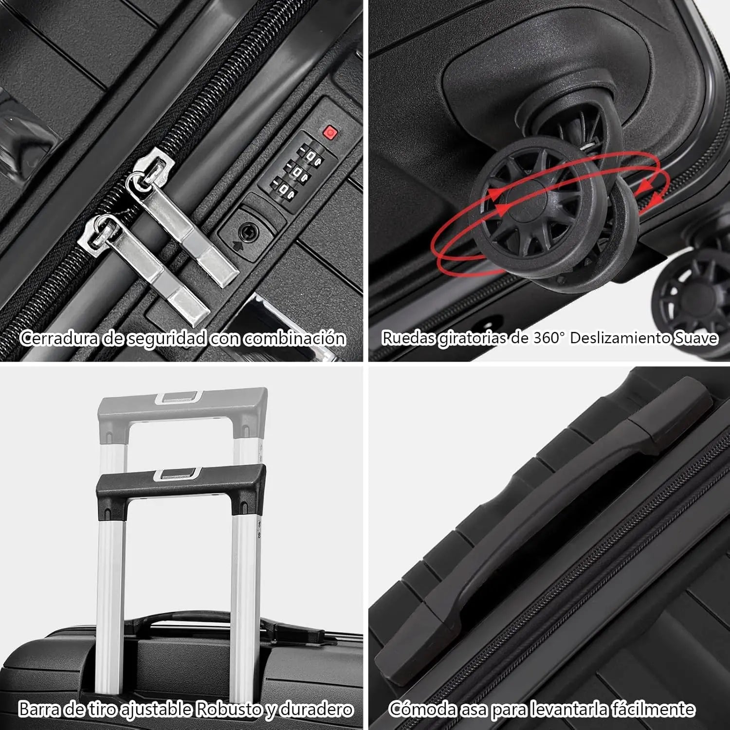 Maleta de cabina Artree: fabricada en polipropileno resistente con diseño impermeable, disponible en varios tamaños (L 75x50x32 cm, XS 48x35x20 cm) y equipada con 4 ruedas giratorias de 360°, ideal para viajes organizados.