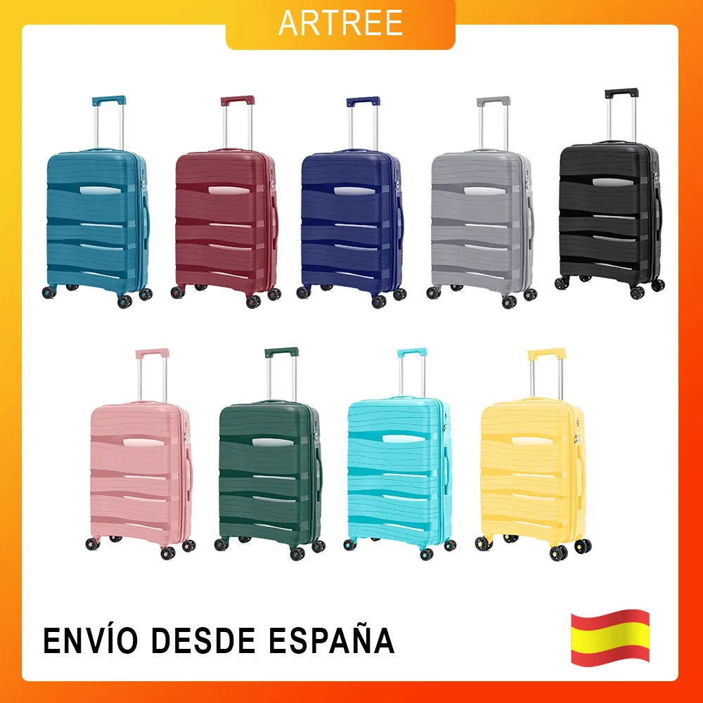 Maleta de cabina Artree: fabricada en polipropileno resistente con diseño impermeable, disponible en varios tamaños (L 75x50x32 cm, XS 48x35x20 cm) y equipada con 4 ruedas giratorias de 360°, ideal para viajes organizados.