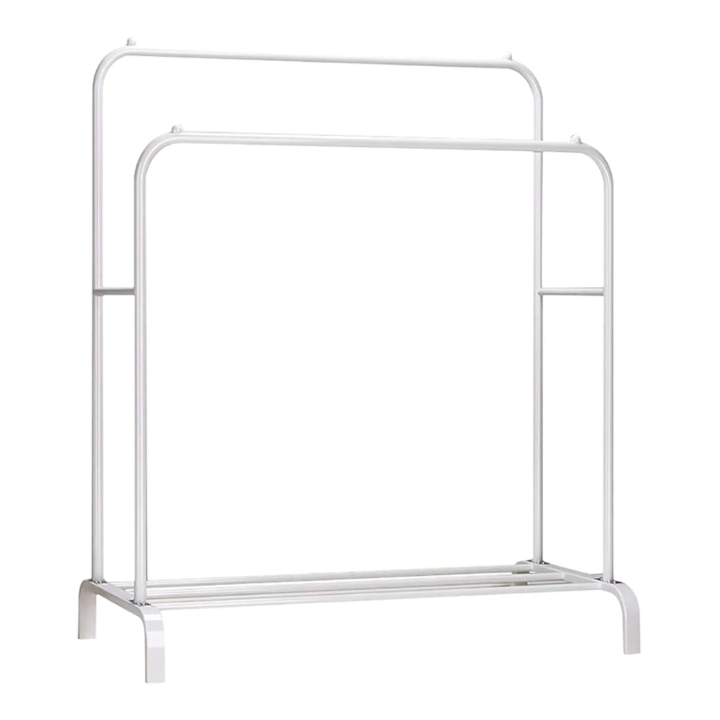 Perchero de pie Mikomika, perchero metálico con estructura en forma de A, doble barra y dos niveles de almacenamiento, soporta hasta 30 kg, disponible en negro o blanco, ideal para chaquetas, vestidos y más.