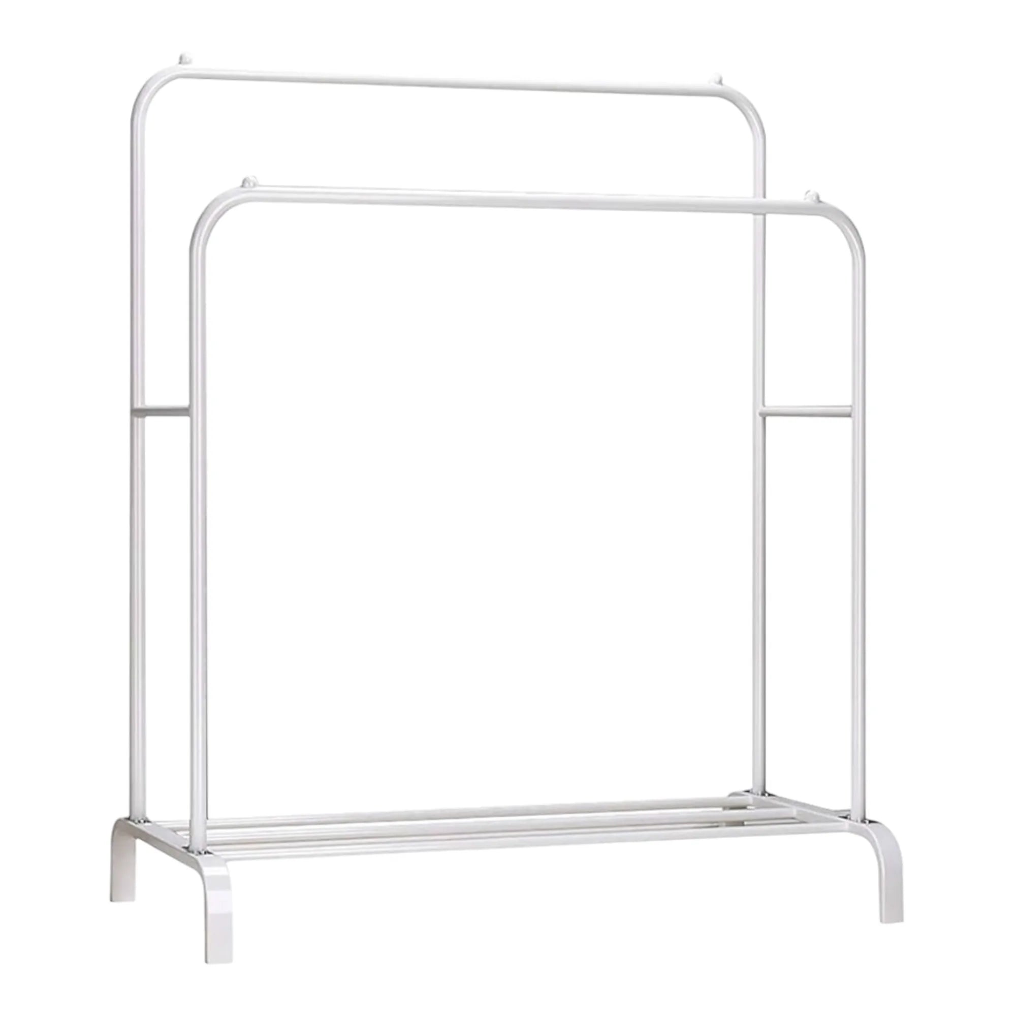 Perchero de pie Mikomika, perchero metálico con estructura en forma de A, doble barra y dos niveles de almacenamiento, soporta hasta 30 kg, disponible en negro o blanco, ideal para chaquetas, vestidos y más.
