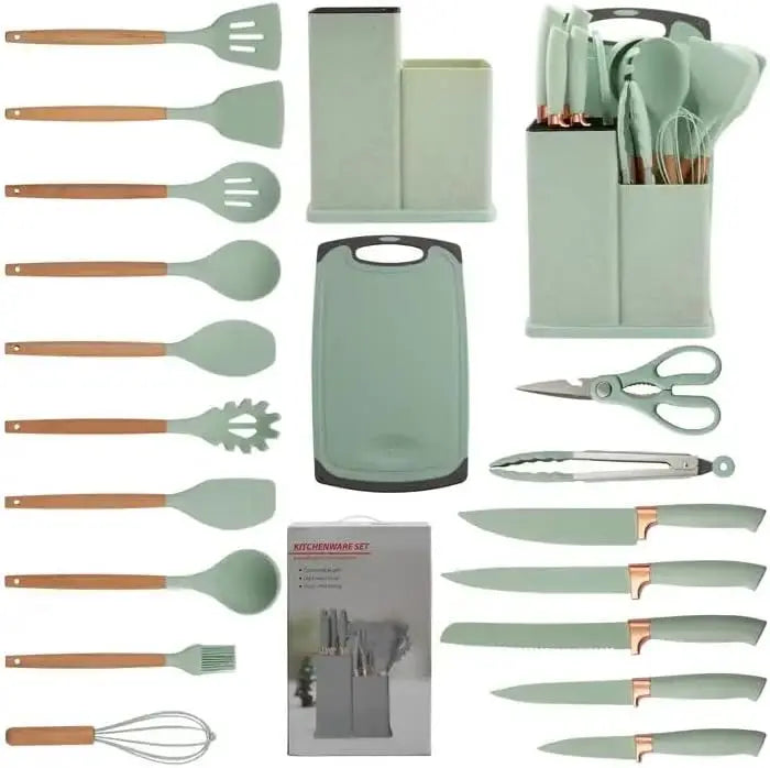 Juego de utensilios de cocina de silicona Onfeng of2328 - 19 piezas, incluye 5 cuchillos versátiles, tijeras, pinzas, tabla de cortar y 10 accesorios antiadherentes (verde claro). Regalo para el Día de la Madre.