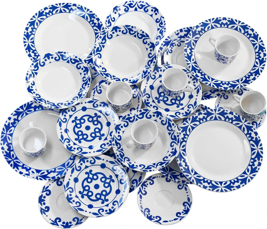 Elegante juego de vajilla de porcelana Nyana para 6 personas - 30 piezas, apto para lavavajillas y microondas, incluye 6 platos llanos, 6 platos hondos, 6 platos de postre y 6 tazas de café, perfecto para el uso diario o para ocasiones especiales.