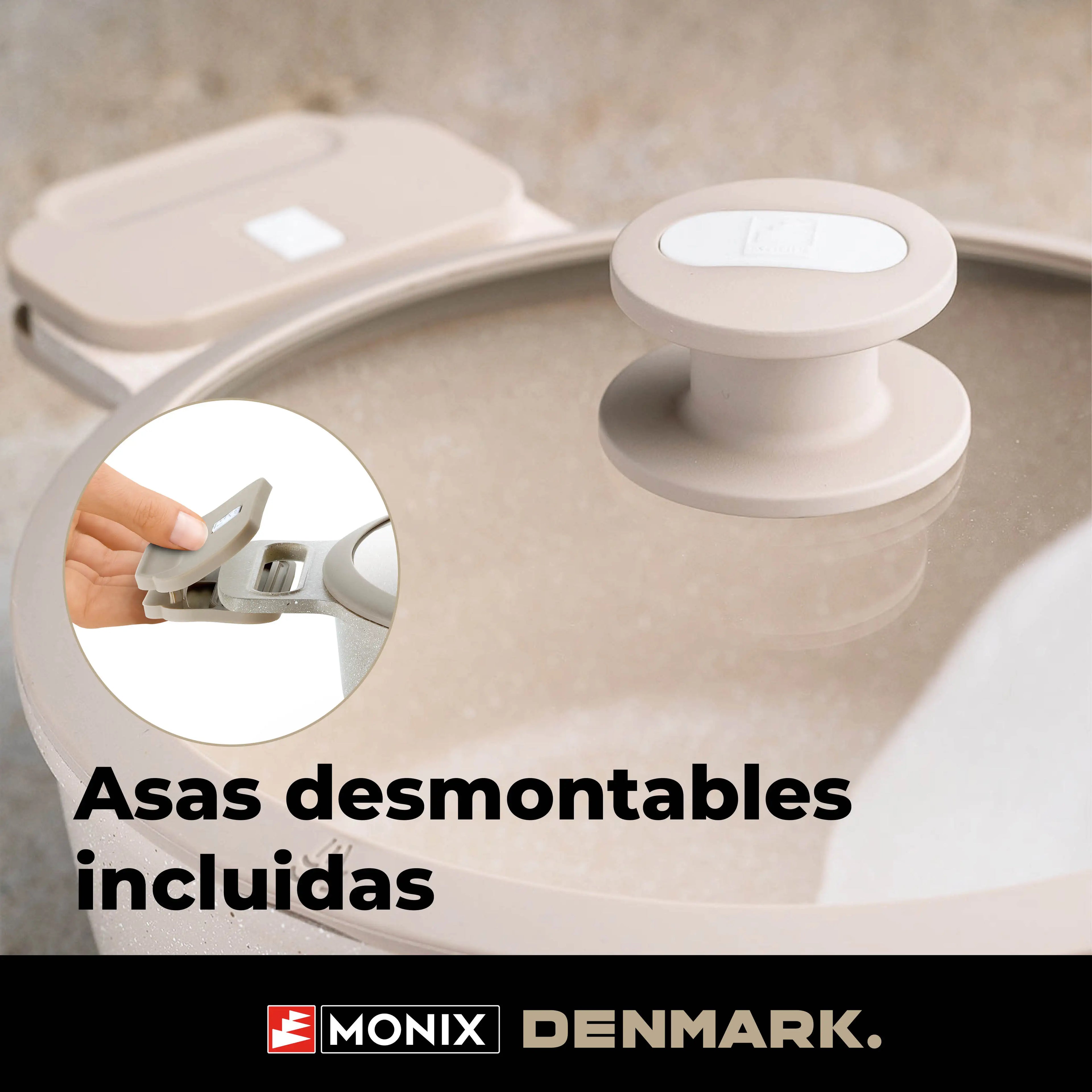 Juego de utensilios de cocina Monix Denmark de 9 piezas, fabricado en aluminio forjado antiadherente con asas desmontables, apto para inducción y horno, diseño moderno con revestimiento libre de PFOA, perfecto para la cocina diaria.