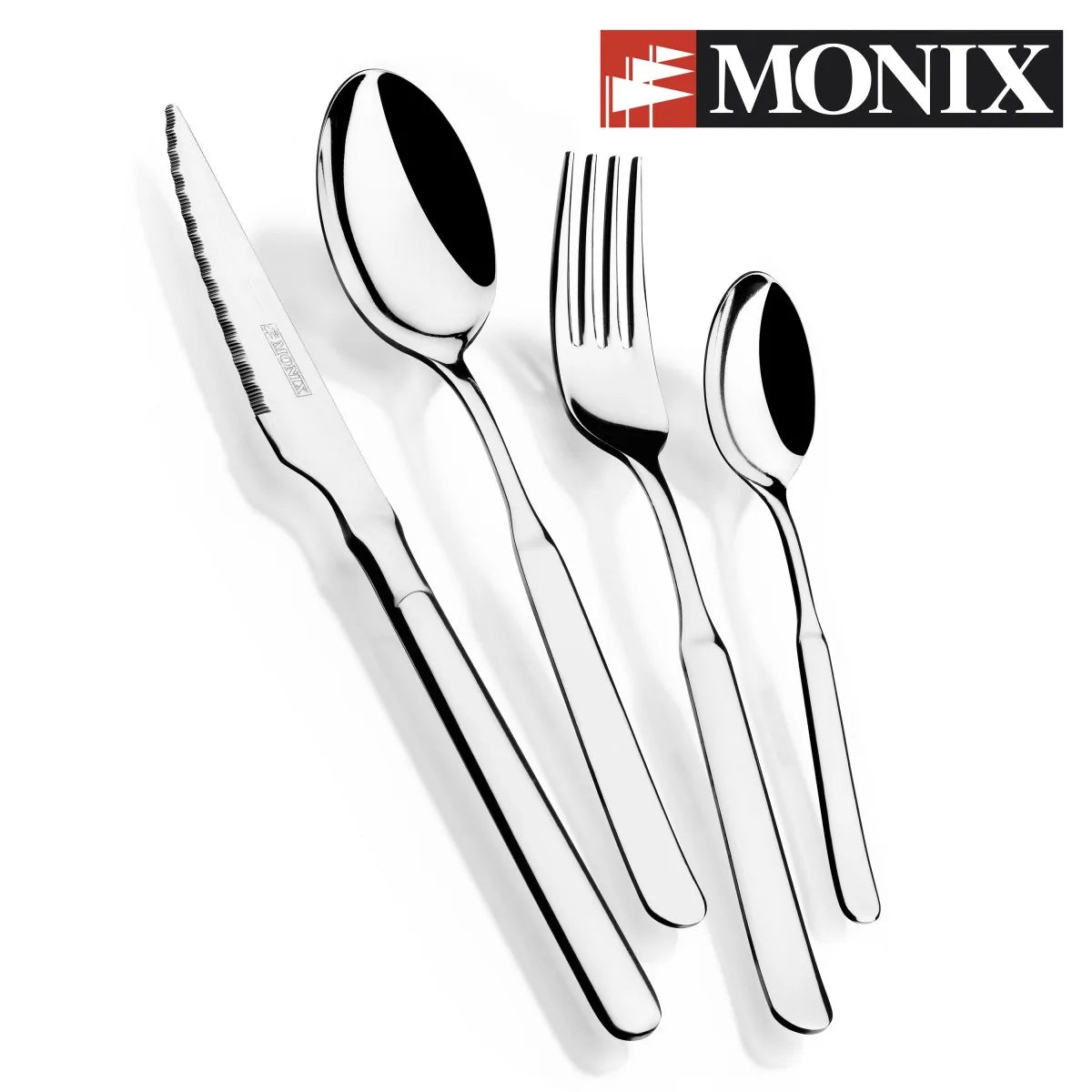 Monix Milan - Juego de cubiertos de acero inoxidable de 24 piezas con cuchillo de mesa, material 18/10, acabado pulido espejo, 2,5 mm de grosor para 6 personas, apto para lavavajillas, diseño contemporáneo.