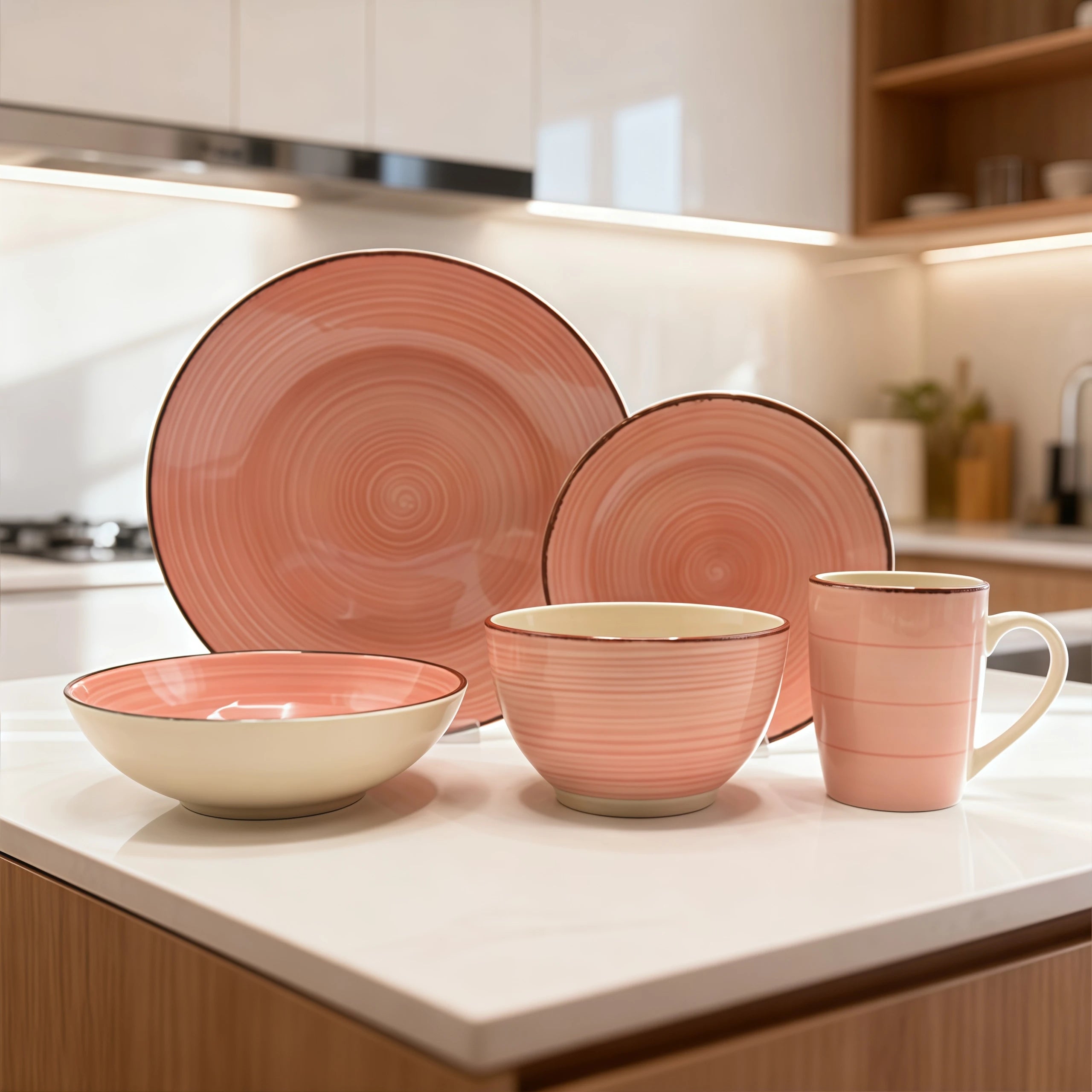 Juego de vajilla de cerámica rosa nórdico para 5 personas, incluye platos, cuencos y taza, apto para microondas y perfecto para regalar.
