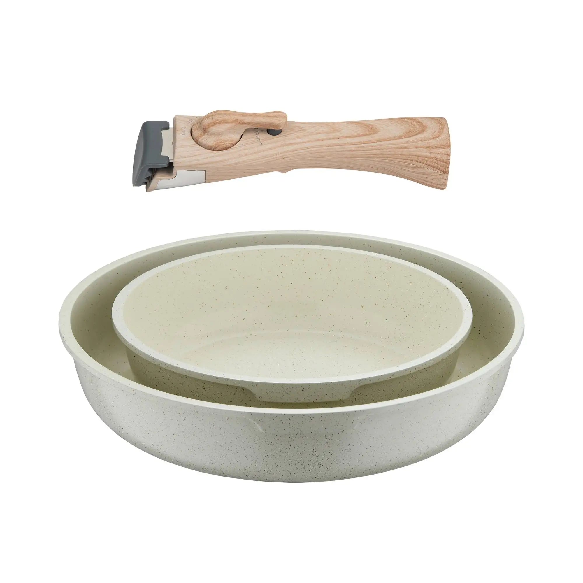 Juego de sartenes Bergner Click&Cook de 2 piezas, de Ø22 cm y Ø26 cm, con mango ergonómico desmontable, de aluminio prensado antiadherente, aptas para todo tipo de cocinas, incluida la de inducción, con diseño apilable que ahorra espacio.