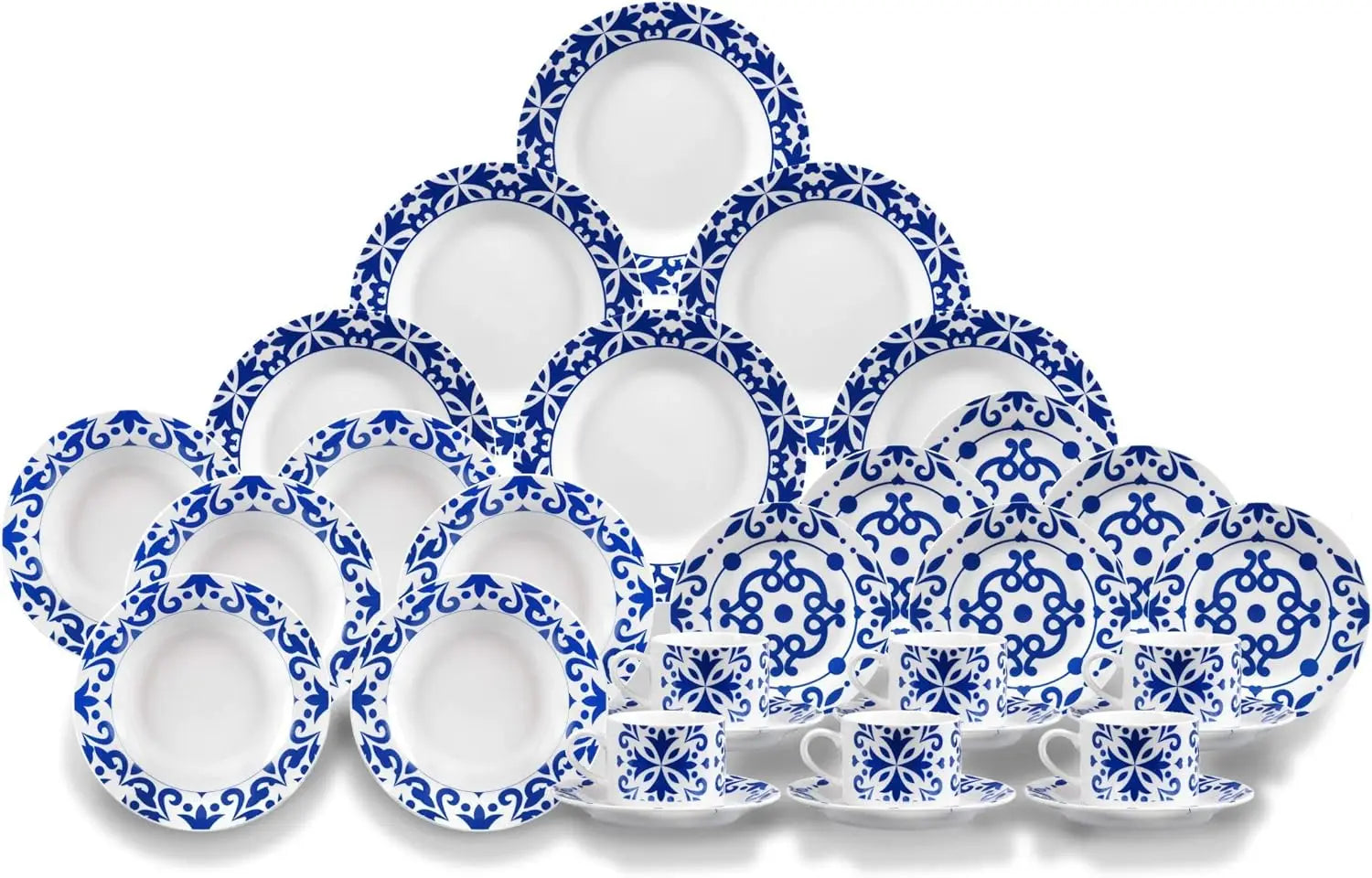 Elegante juego de vajilla de porcelana Nyana para 6 personas - 30 piezas, apto para lavavajillas y microondas, incluye 6 platos llanos, 6 platos hondos, 6 platos de postre y 6 tazas de café, perfecto para el uso diario o para ocasiones especiales.