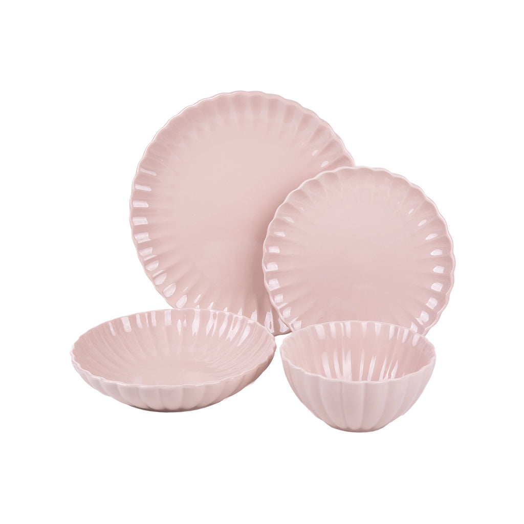 Juego de vajilla de porcelana Cofan en rosa nude | Vajilla completa de 16 piezas para 4 personas | Elegante diseño en relieve, apto para lavavajillas, microondas y horno.