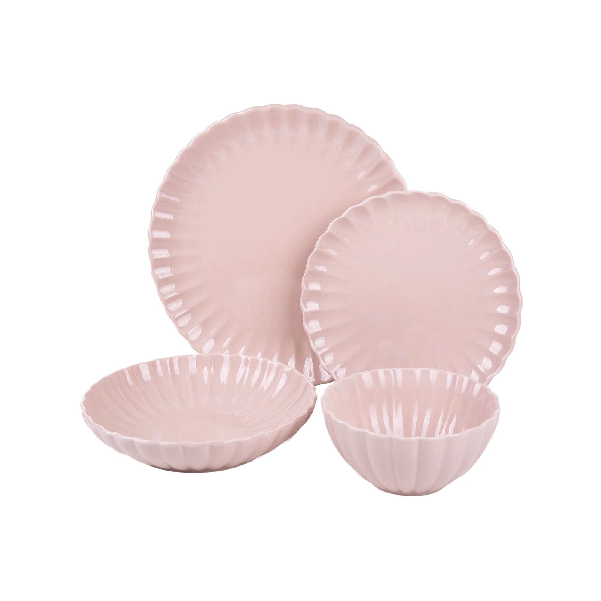 Juego de vajilla de porcelana Cofan en rosa nude | Vajilla completa de 16 piezas para 4 personas | Elegante diseño en relieve, apto para lavavajillas, microondas y horno.