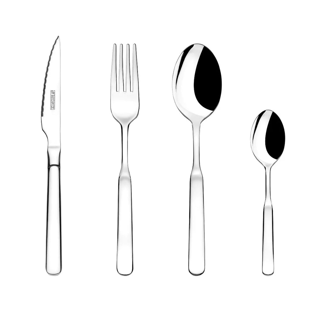 Monix Milan - Juego de cubiertos de acero inoxidable de 24 piezas con cuchillo de mesa, material 18/10, acabado pulido espejo, 2,5 mm de grosor para 6 personas, apto para lavavajillas, diseño contemporáneo.