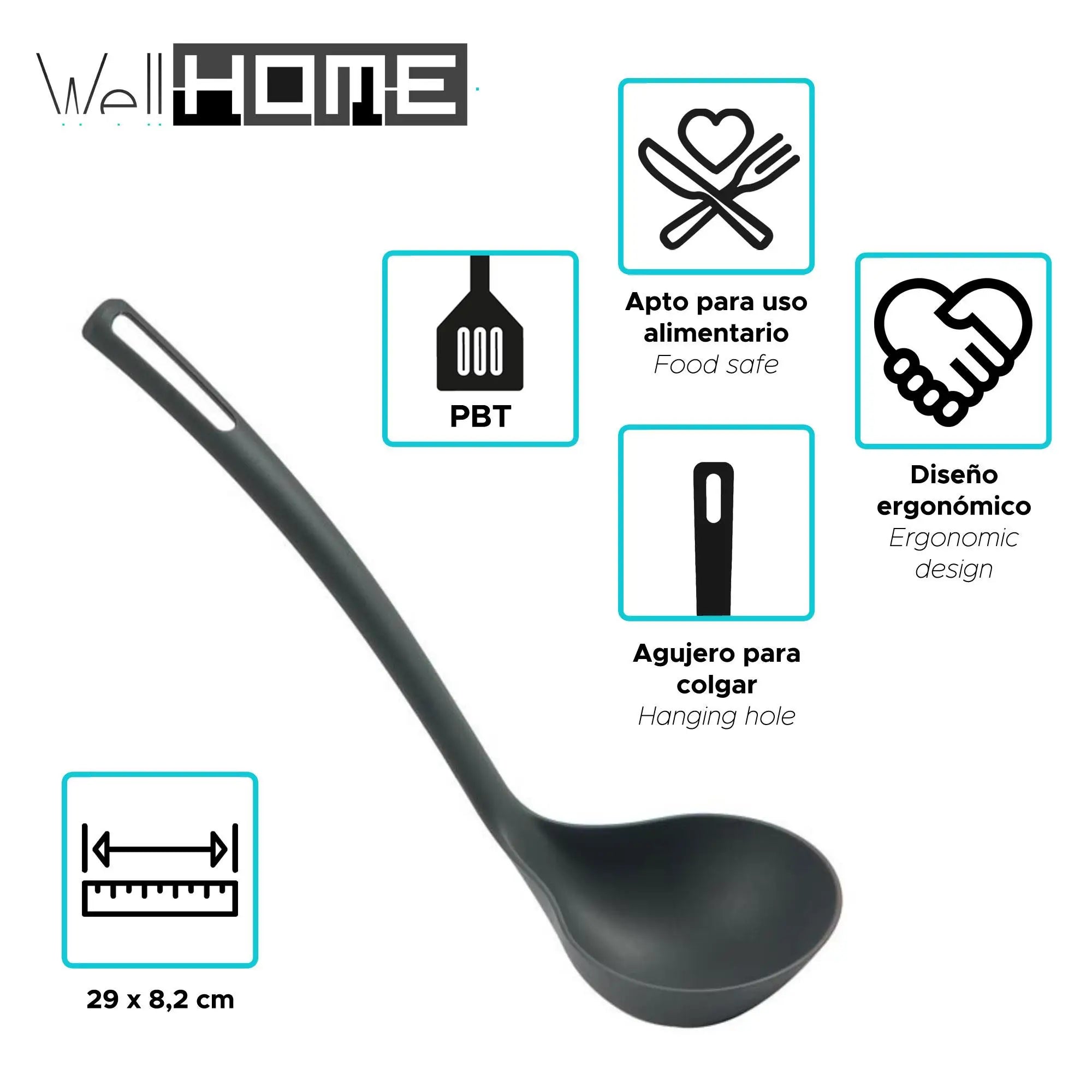 Juego de ollas y sartenes Well Home de 8 piezas en acero inoxidable con 6 utensilios de cocina de PBT, mangos ergonómicos, compatible con inducción, diseño antiadherente, ideal para todo tipo de cocinas.