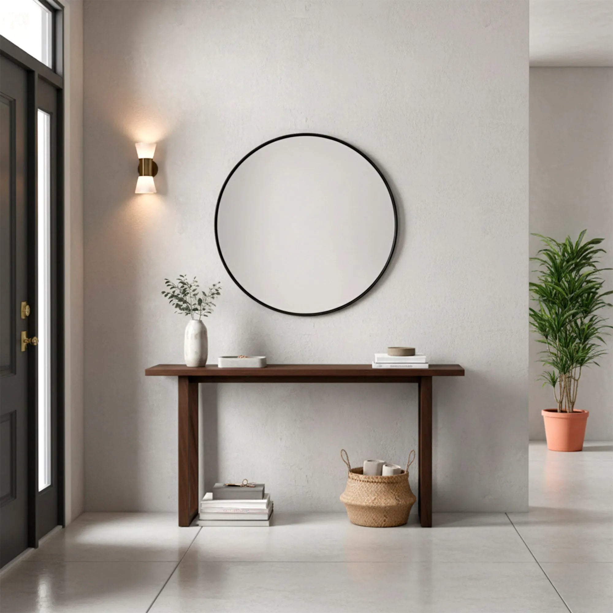 Espejo de pared redondo Max Home de 70 cm con marco de metal negro y cuerda trenzada, diseño moderno y elegante, fácil instalación, perfecto para el dormitorio, el baño o el pasillo; espejo decorativo ideal para interiores con estilo.