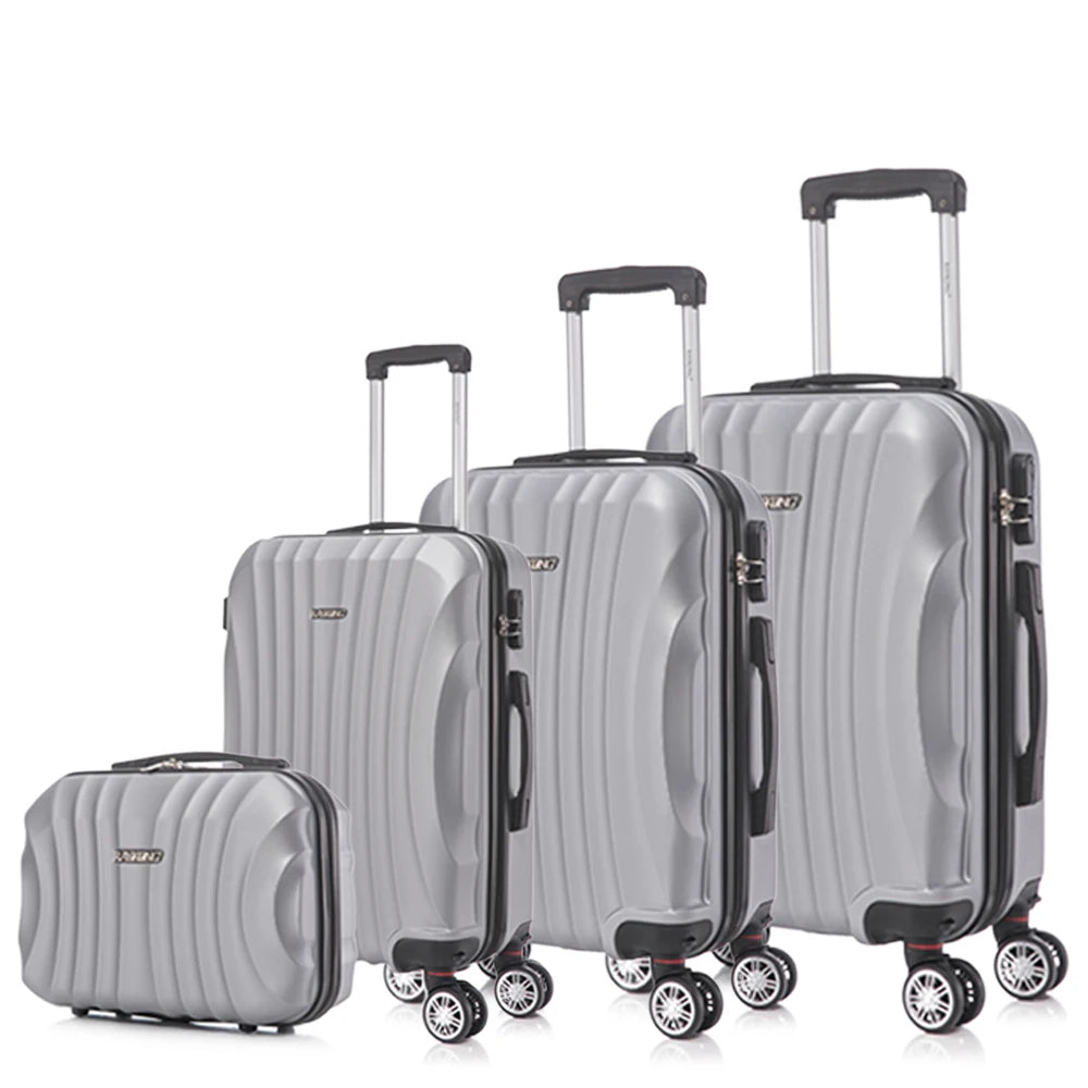 Juego de maletas rígidas de ABS de 4 piezas que incluye una maleta de cabina de 55 cm, una maleta mediana de 68 cm, una maleta grande de 78 cm y un neceser de 29 cm en varios colores, con ruedas giratorias de 360° para facilitar el transporte.