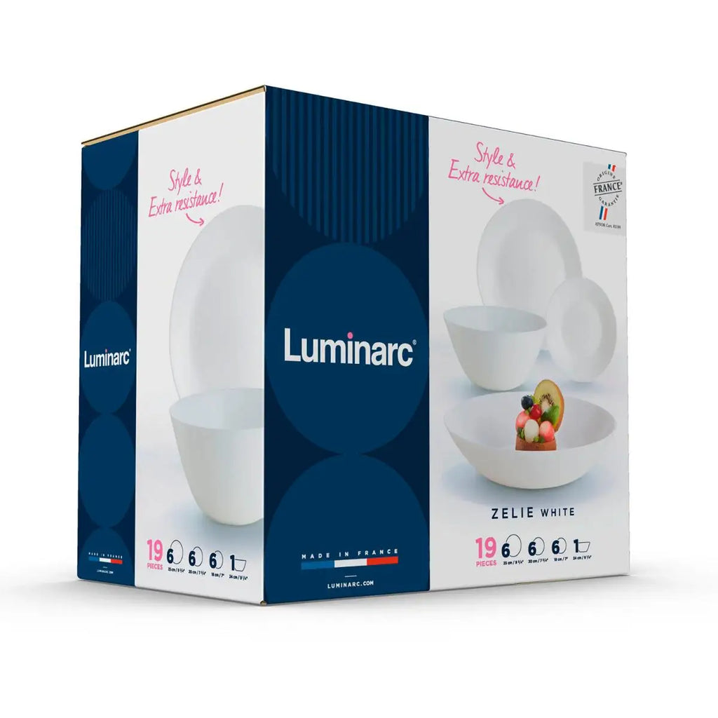 Juego de vajilla Luminarc Zelie Opal de 19 piezas para 6 personas, fabricado en Francia con vidrio templado ecológico y extra resistente, apto para microondas y lavavajillas, incluye 6 platos llanos (25 cm), 6 platos hondos (20 cm) y 6 platos de postre.