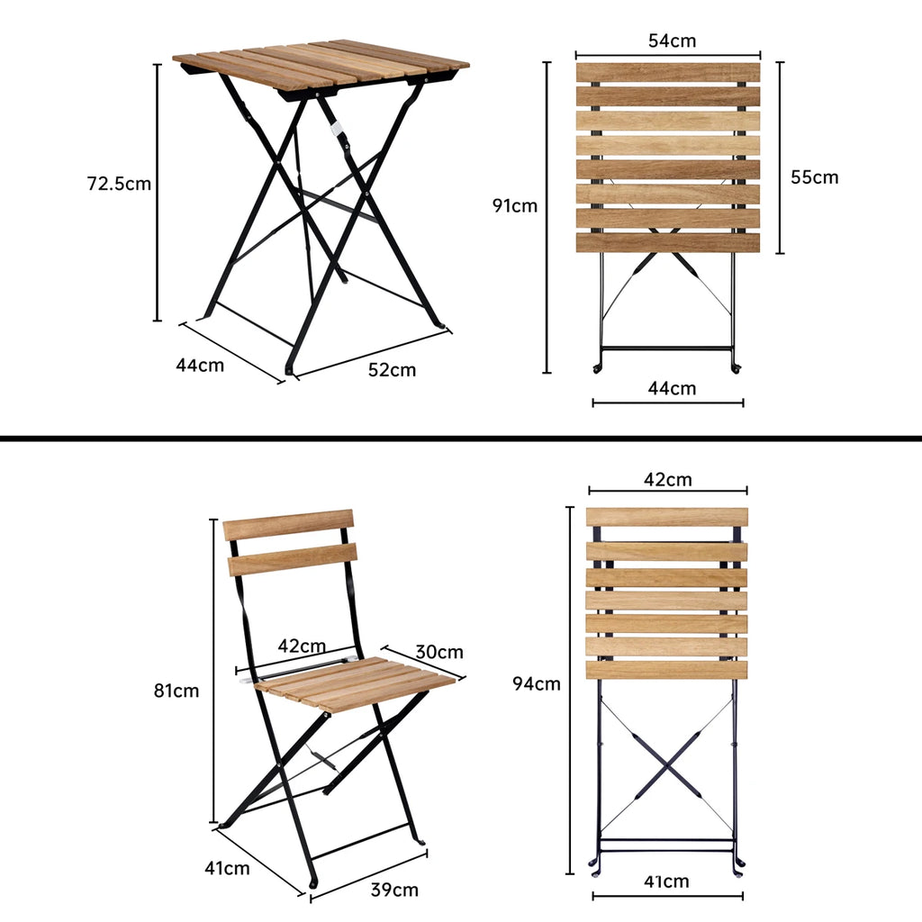 Conjunto T-lovendo de 3 mesas y 2 sillas, jardín, exterior, plegable, metal y madera, para terraza de estilo retro, estructura de acero, tipo bistró, patas antideslizantes, balcones pequeños, terrazas