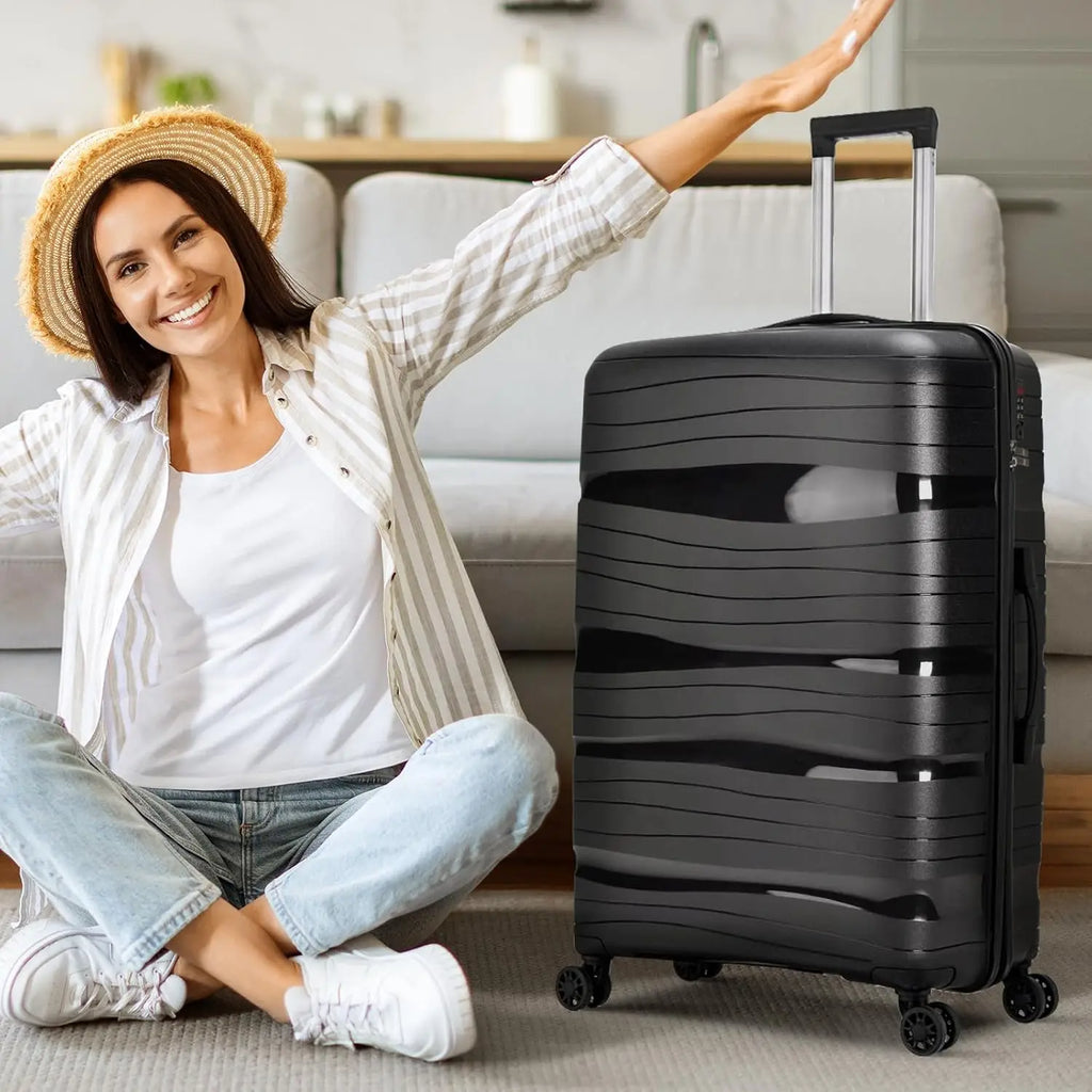Maleta de cabina Artree: fabricada en polipropileno resistente con diseño impermeable, disponible en varios tamaños (L 75x50x32 cm, XS 48x35x20 cm) y equipada con 4 ruedas giratorias de 360°, ideal para viajes organizados.