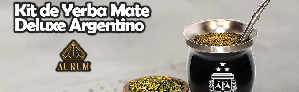 Aurum® Mate Argentino, set moderno completo con yerba mate, bombilla y calabaza, con termo de acero inoxidable para agua caliente. Ideal para disfrutar del mate tradicional en cualquier lugar, perfecto para compartir.