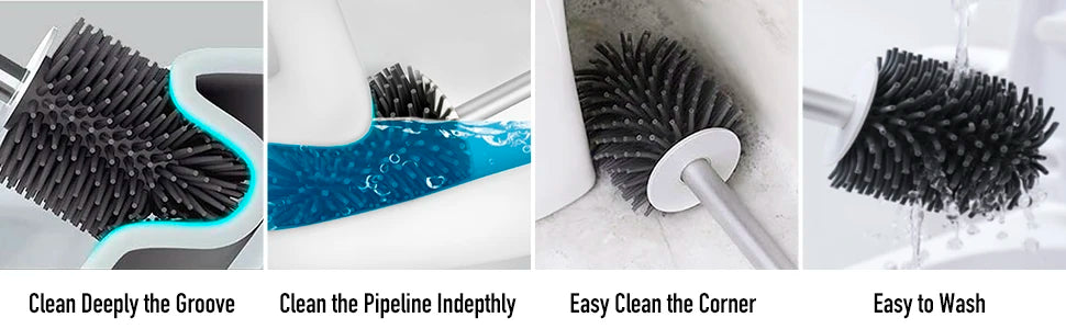 Juego de escobilla y soporte para inodoro, escobillas de silicona BIBURY con cabezal de limpieza de 360°, secado rápido y diseño higiénico, paquete de 2, cerdas suaves y flexibles para una limpieza eficaz del baño, blanco y gris.