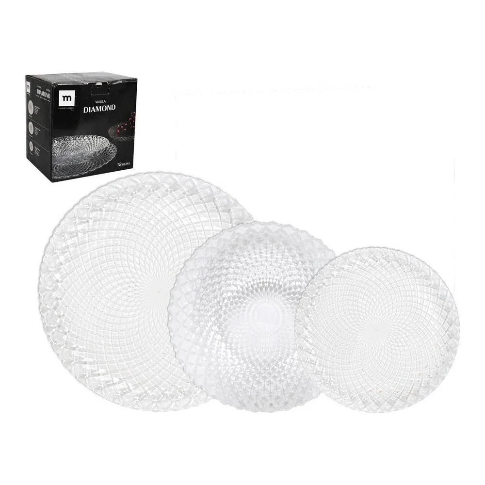 Juego de vajilla Diamond de 18 piezas de La Mediterránea, de cristal, incluye 6 platos hondos, 6 platos llanos y 6 platos de postre, ideal para una mesa elegante y de fácil mantenimiento, perfecto para el hogar o reuniones.
