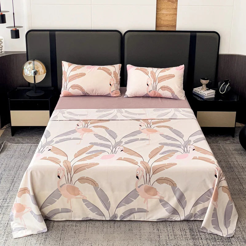 Juego de ropa de cama de 4 piezas con estampado de flamencos para camas de 135 cm/150 cm/180 cm, poliéster duradero, secado rápido, sábana bajera ajustable con bolsillo profundo para colchones de hasta 35 cm, ideal para primavera-verano de Polaristar.