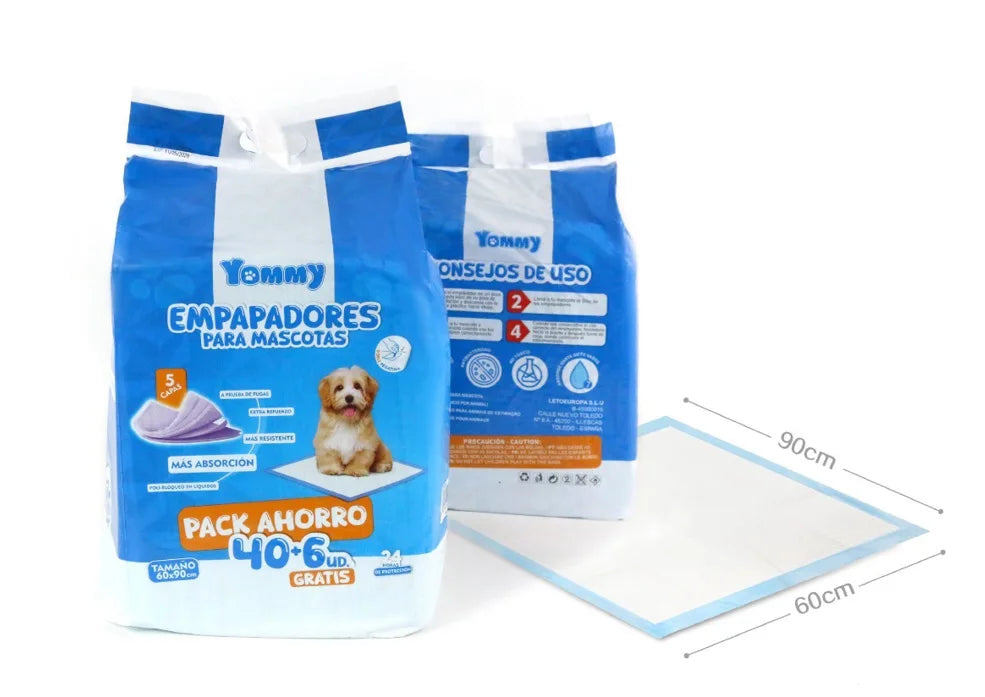 Almohadillas absorbentes desechables ultra absorbentes para perros y mascotas, con una construcción de 5 capas, material no tóxico de secado rápido y base a prueba de fugas, ideales para el entrenamiento en interiores. Tamaños disponibles: 46/70/92/105/14