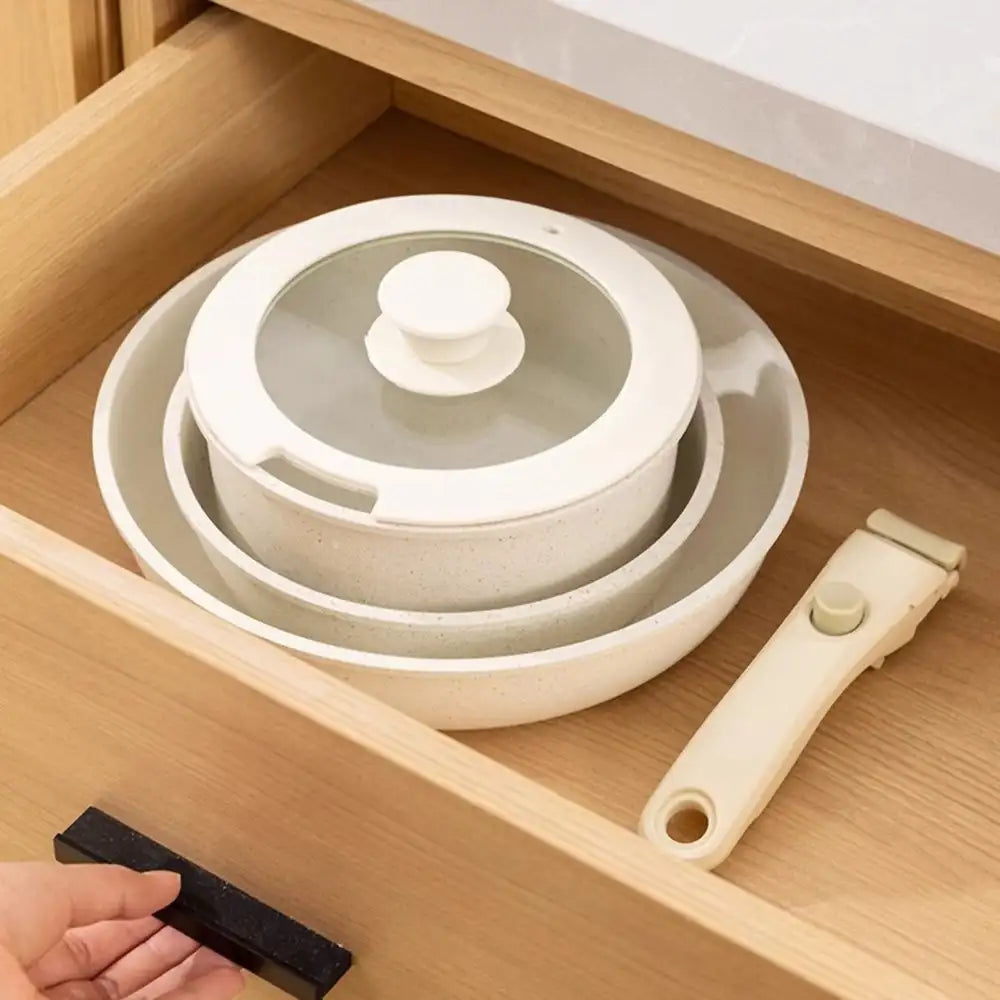 Juego de utensilios de cocina antiadherentes Almalux® con asas desmontables, 5 piezas de ollas y sartenes, revestimiento de granito ecológico, diseño apilable, compatible con inducción, apto para lavavajillas, ideal para cocinar ahorrando espacio.