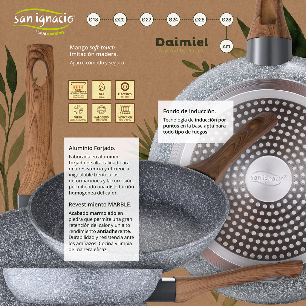 Juego de utensilios de cocina San Ignacio de 8 piezas en acero inoxidable para inducción, que incluye 4 ollas con tapas de vidrio (1,9 L-5,1 L) y 3 sartenes antiadherentes (Ø22-26 cm), perfectas para cocinar de manera eficiente y duradera.