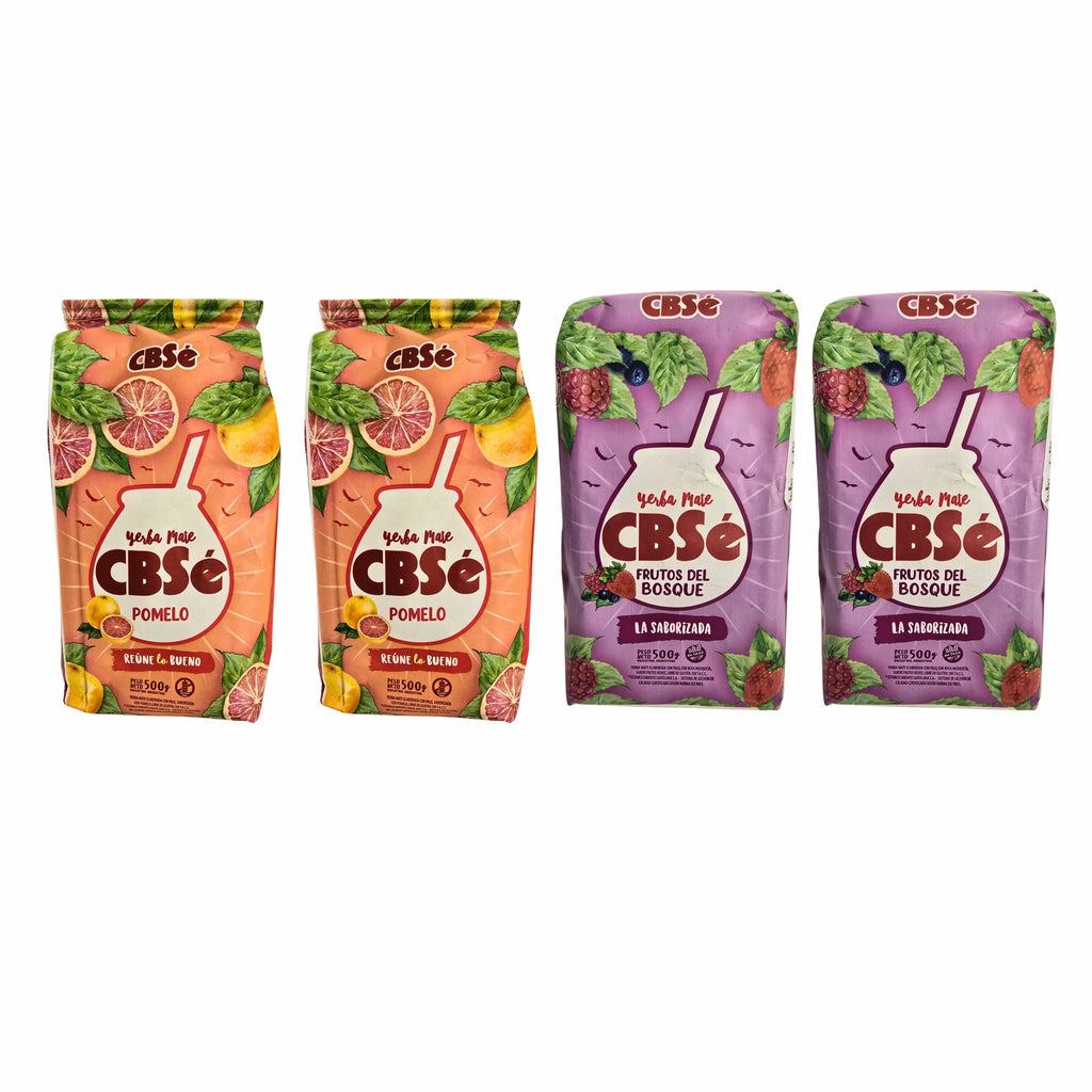 4 paquetes de 500 g de yerba mate cbse pomelo ruene lo bueno y frutos del bosque, natural de Argentina, ideal para bebidas energizantes y antioxidantes.