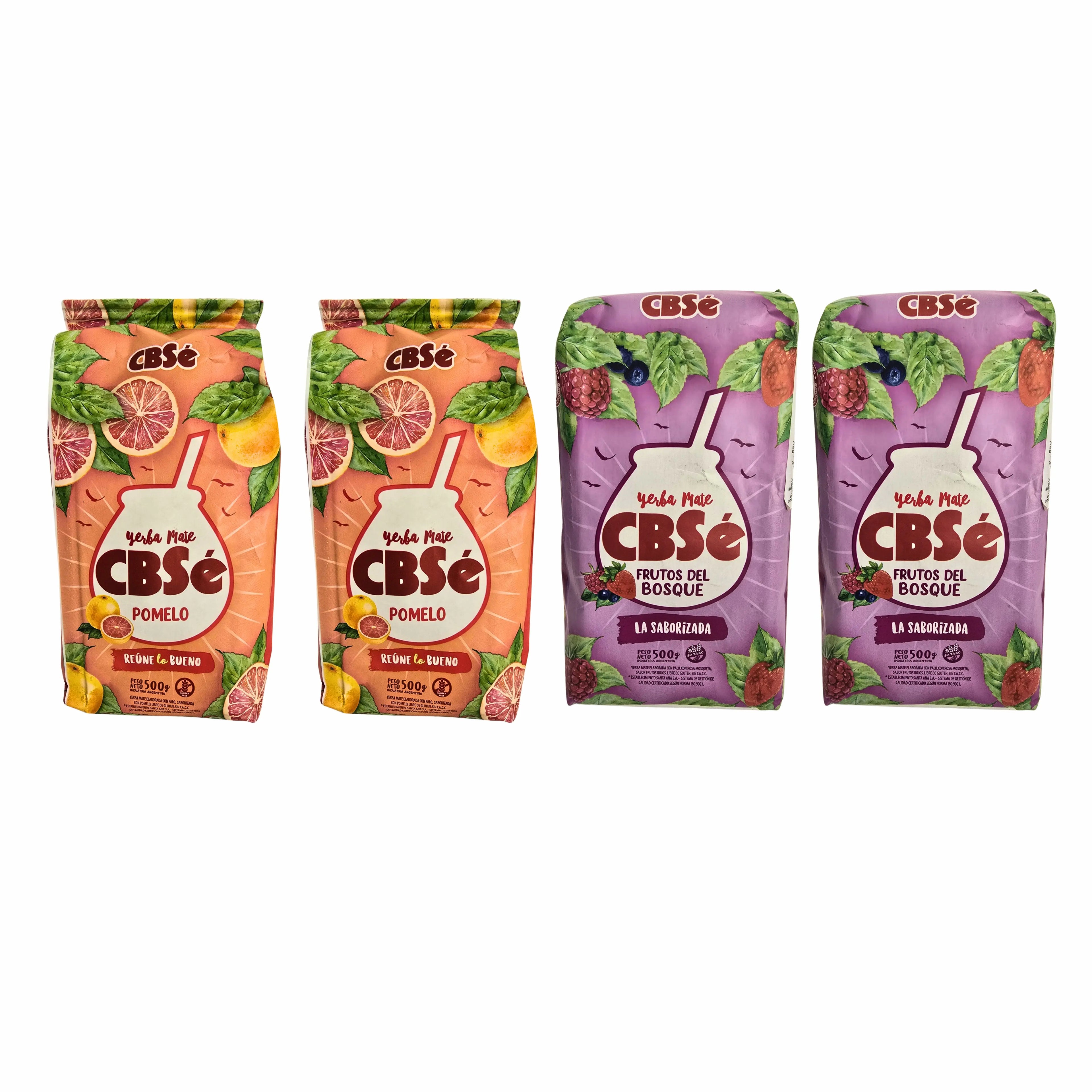 4 paquetes de 500 g de yerba mate cbse pomelo ruene lo bueno y frutos del bosque, natural de Argentina, ideal para bebidas energizantes y antioxidantes.