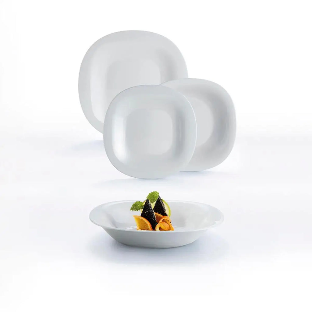 Platos Carine Luminarc – Juego de 6 platos cuadrados de vidrio opalino en blanco, negro, gris, turquesa y azul paraíso, aptos para microondas y lavavajillas para una vajilla completa.