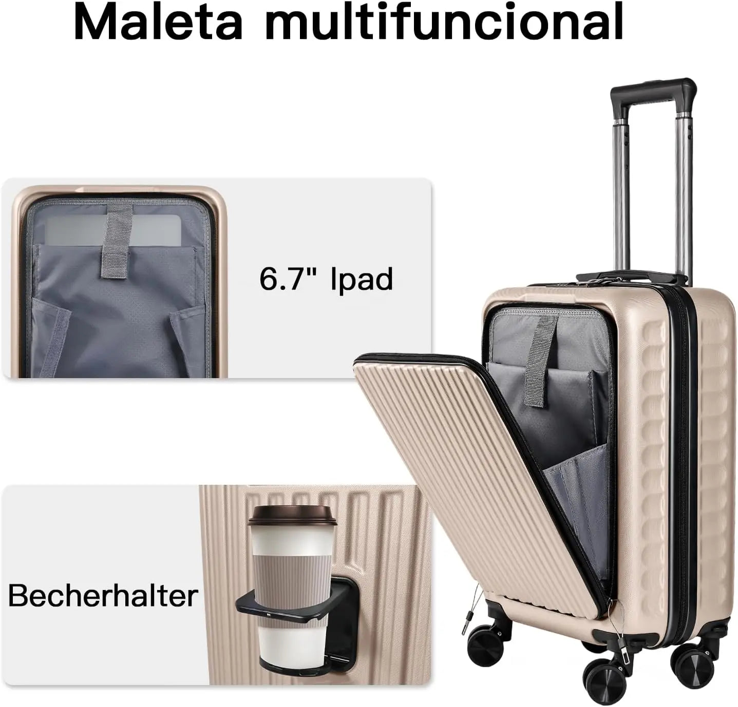 Maleta de cabina de 55x40x20 cm con ruedas extraíbles. Maleta de cabina de 52 x 37 x 20 cm. Equipaje de mano, maletas de cabina rígidas con cerradura de combinación y 4 ruedas dobles de 360° extraíbles.