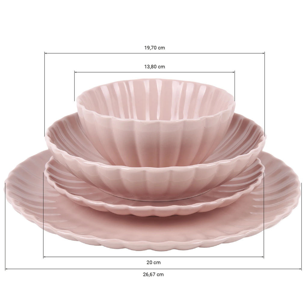 Juego de vajilla de porcelana Cofan en rosa nude | Vajilla completa de 16 piezas para 4 personas | Elegante diseño en relieve, apto para lavavajillas, microondas y horno.