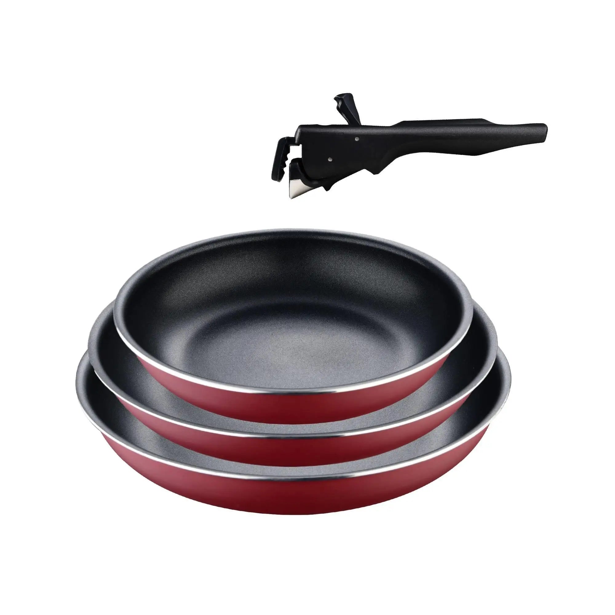 Juego de sartenes Bergner Click&Cook de 2 piezas, de Ø22 cm y Ø26 cm, con mango ergonómico desmontable, de aluminio prensado antiadherente, aptas para todo tipo de cocinas, incluida la de inducción, con diseño apilable que ahorra espacio.