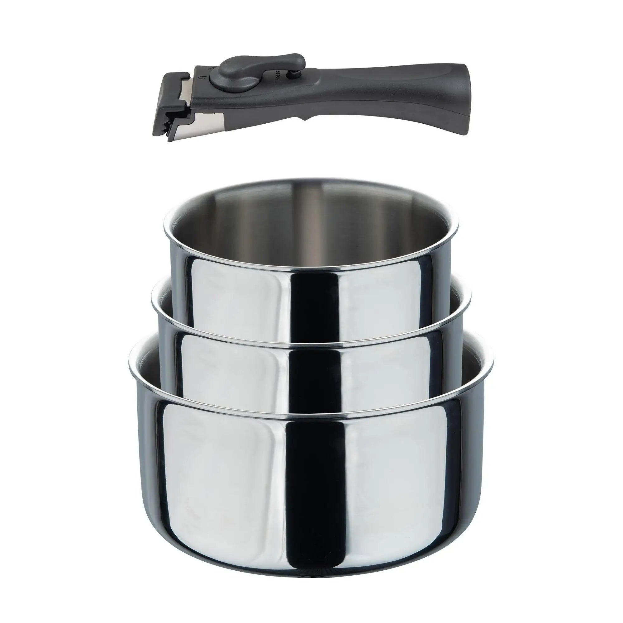Juego de sartenes Bergner Click&Cook de 2 piezas, de Ø22 cm y Ø26 cm, con mango ergonómico desmontable, de aluminio prensado antiadherente, aptas para todo tipo de cocinas, incluida la de inducción, con diseño apilable que ahorra espacio.