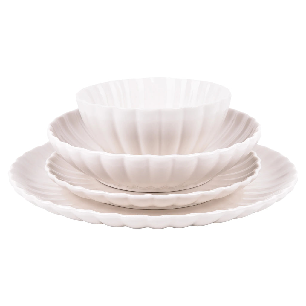 Juego de vajilla de porcelana esmaltada Cofan de 16 piezas, color blanco, con diseño en relieve, apto para lavavajillas, microondas y horno, ideal para uso diario u ocasiones especiales.