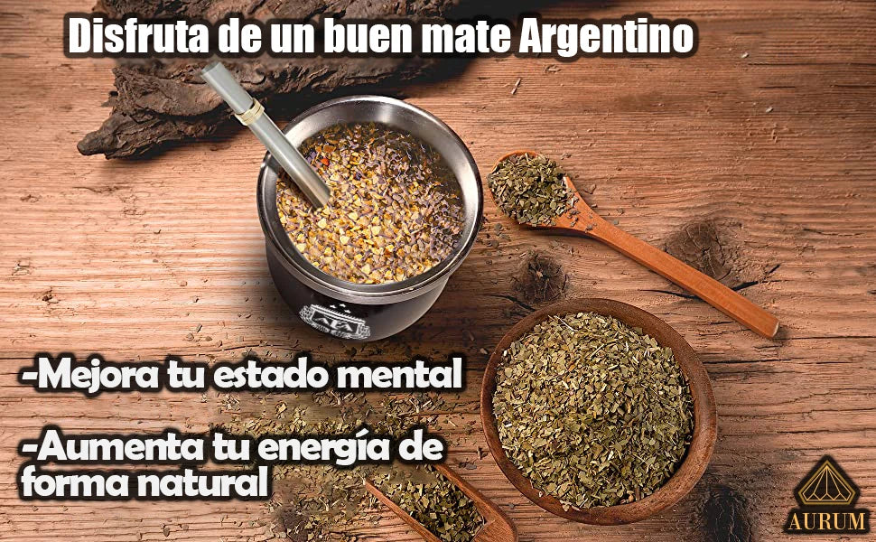 Aurum® Mate Argentino, set moderno completo con yerba mate, bombilla y calabaza, con termo de acero inoxidable para agua caliente. Ideal para disfrutar del mate tradicional en cualquier lugar, perfecto para compartir.