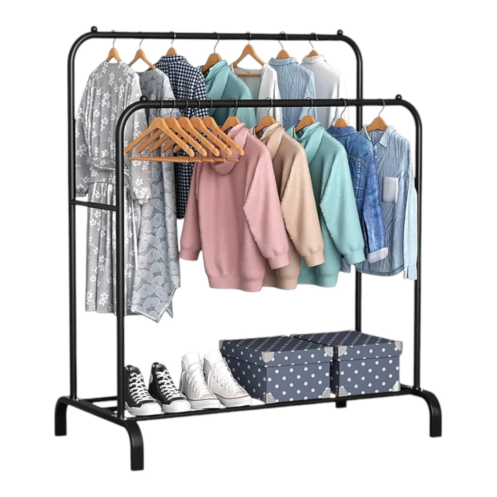 Perchero de pie Mikomika, perchero metálico con estructura en forma de A, doble barra y dos niveles de almacenamiento, soporta hasta 30 kg, disponible en negro o blanco, ideal para chaquetas, vestidos y más.