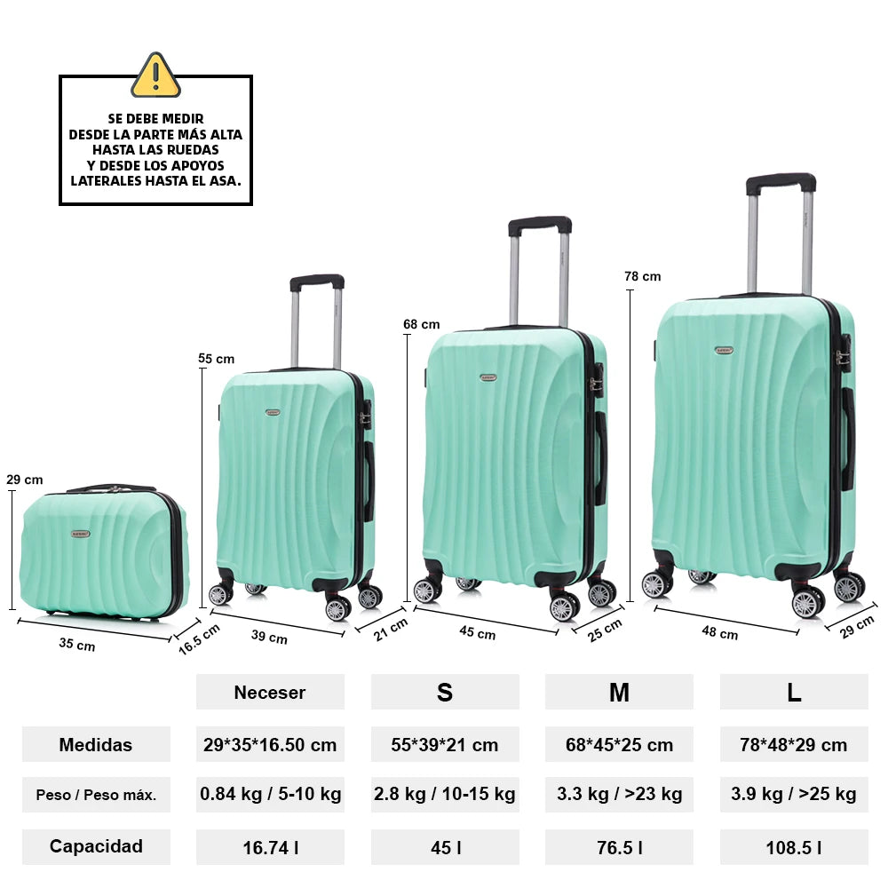 Juego de maletas rígidas de ABS de 4 piezas que incluye una maleta de cabina de 55 cm, una maleta mediana de 68 cm, una maleta grande de 78 cm y un neceser de 29 cm en varios colores, con ruedas giratorias de 360° para facilitar el transporte.