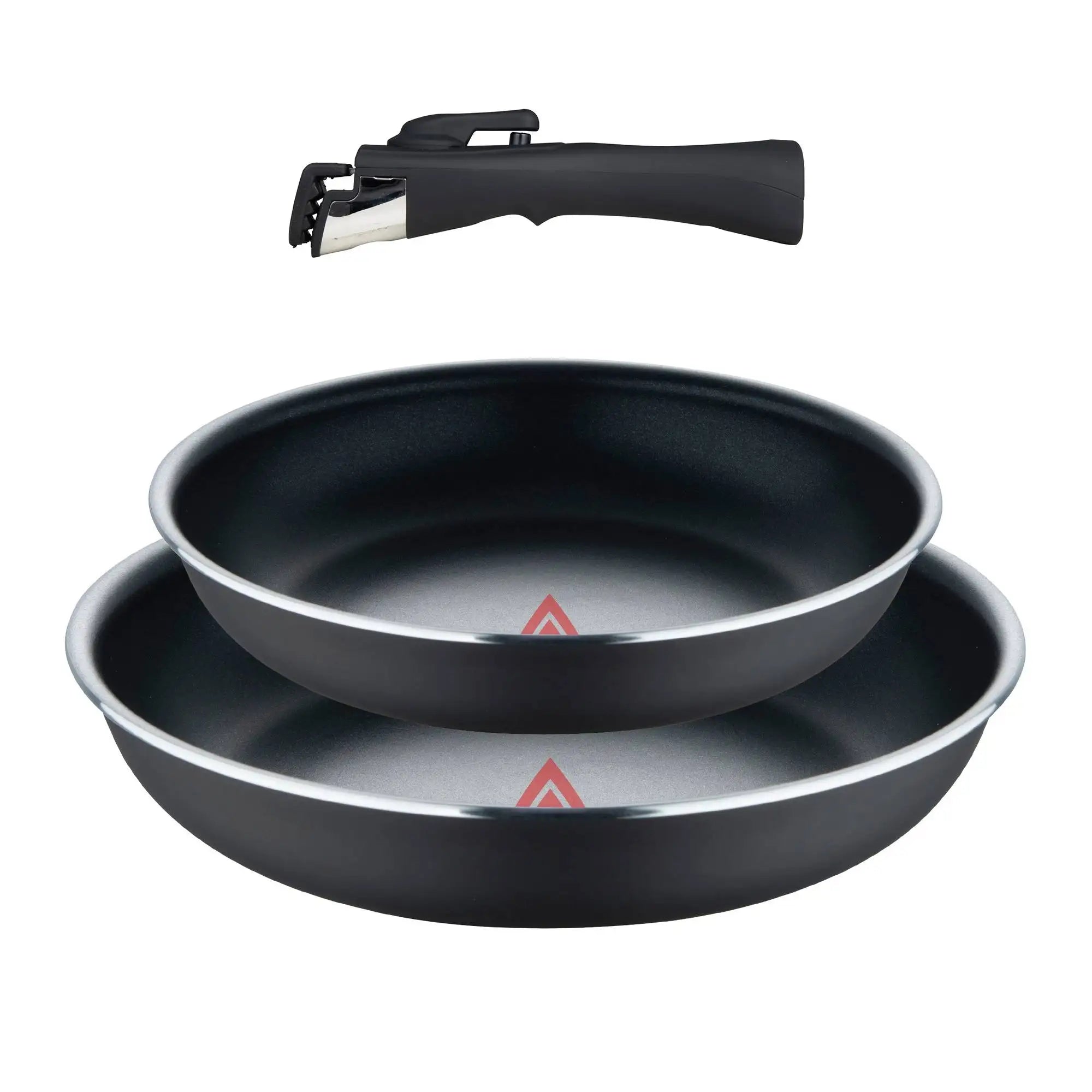 Juego de sartenes Bergner Click&Cook de 2 piezas, de Ø22 cm y Ø26 cm, con mango ergonómico desmontable, de aluminio prensado antiadherente, aptas para todo tipo de cocinas, incluida la de inducción, con diseño apilable que ahorra espacio.