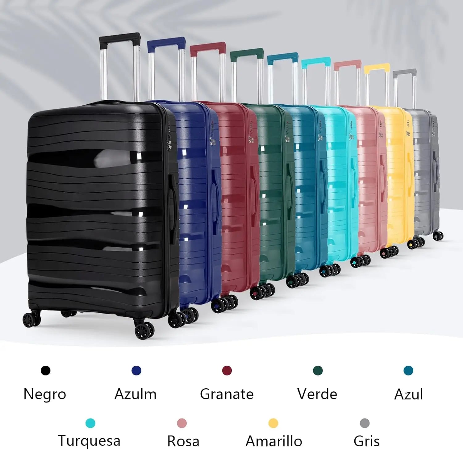 Maleta de cabina Artree: fabricada en polipropileno resistente con diseño impermeable, disponible en varios tamaños (L 75x50x32 cm, XS 48x35x20 cm) y equipada con 4 ruedas giratorias de 360°, ideal para viajes organizados.