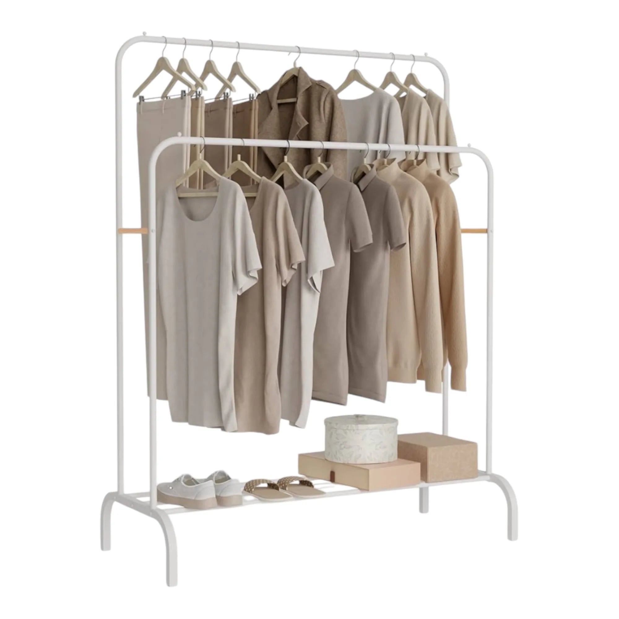 Perchero de pie Mikomika, perchero metálico con estructura en forma de A, doble barra y dos niveles de almacenamiento, soporta hasta 30 kg, disponible en negro o blanco, ideal para chaquetas, vestidos y más.