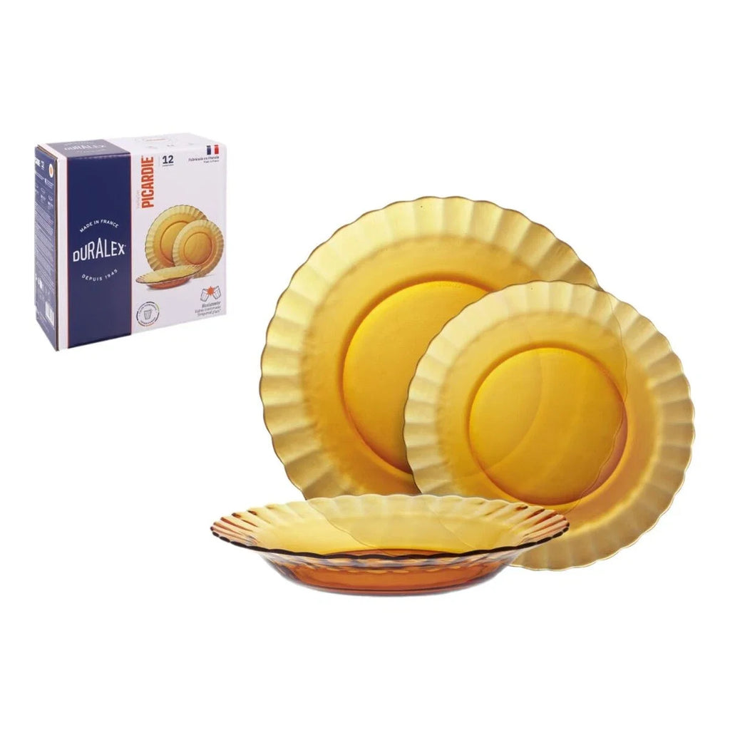 Juego de vajilla Duralex Picardie - Platos de alta calidad que incluyen platos hondos (Ø 23 cm), platos llanos (Ø 26 cm), platos de postre (Ø 20,5 cm), aptos para microondas y lavavajillas, disponibles en transparente, ámbar o azul claro, 12/18/