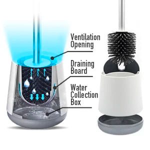 Juego de escobilla y soporte para inodoro, escobillas de silicona BIBURY con cabezal de limpieza de 360°, secado rápido y diseño higiénico, paquete de 2, cerdas suaves y flexibles para una limpieza eficaz del baño, blanco y gris.