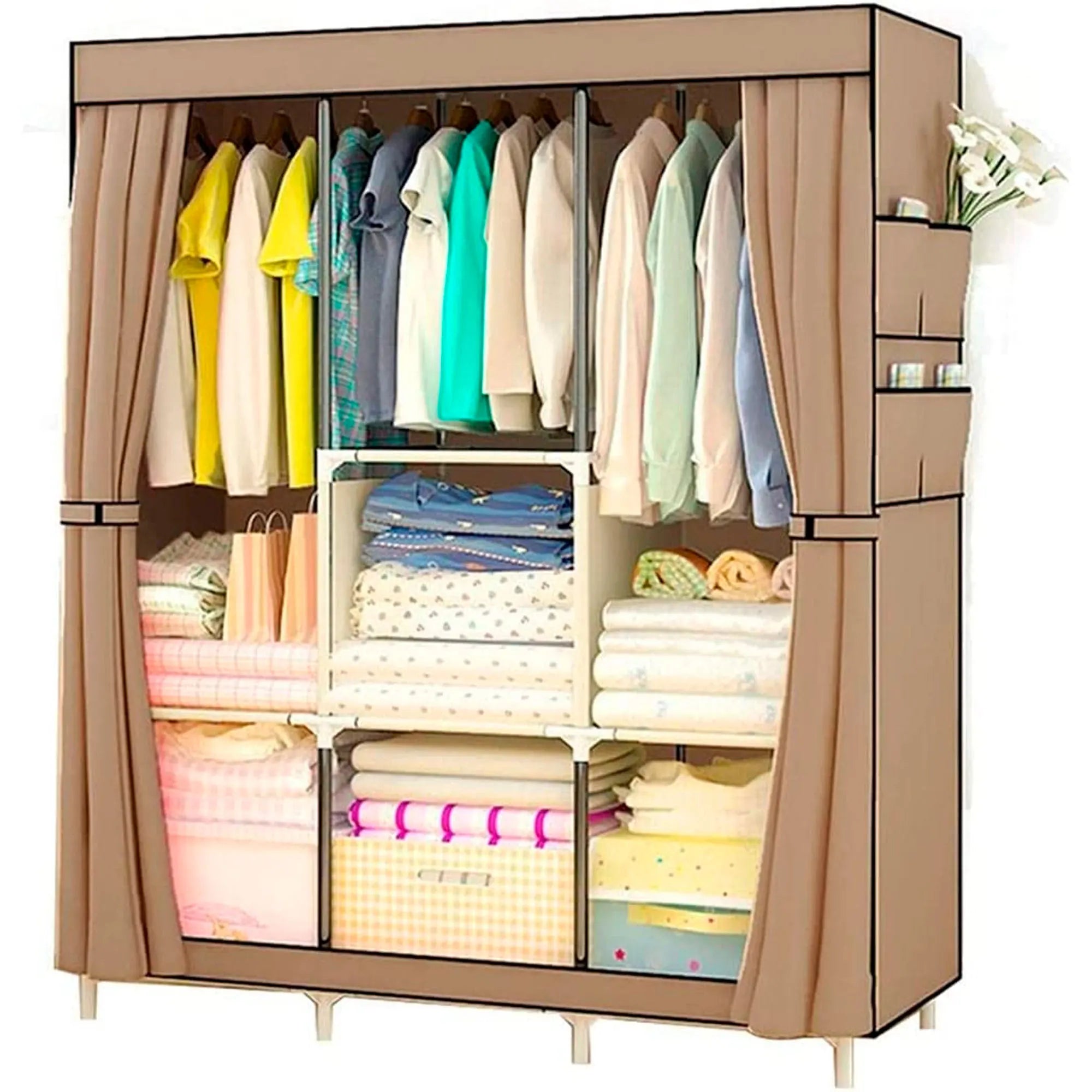 Armario de tela Nyana con bolsillos laterales y barra para colgar ropa: fácil montaje, gran capacidad con 6 compartimentos para 15/20 prendas, fabricado en acero galvanizado y tela no tejida, ideal para el almacenamiento y la organización del dormitorio.